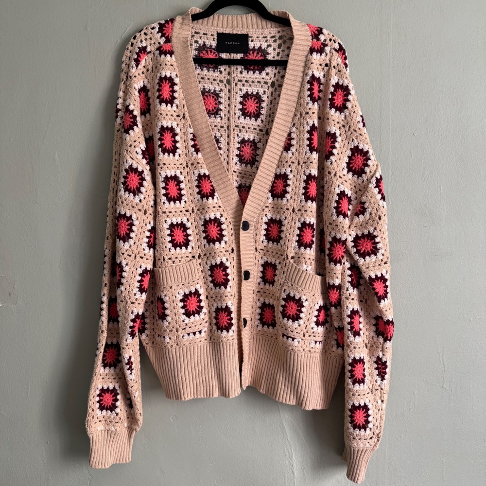 PacSun Womens Large Crochet Granny Square Cardigan Pink Tan Cotton Knit Sweater - Picture 10 of 13